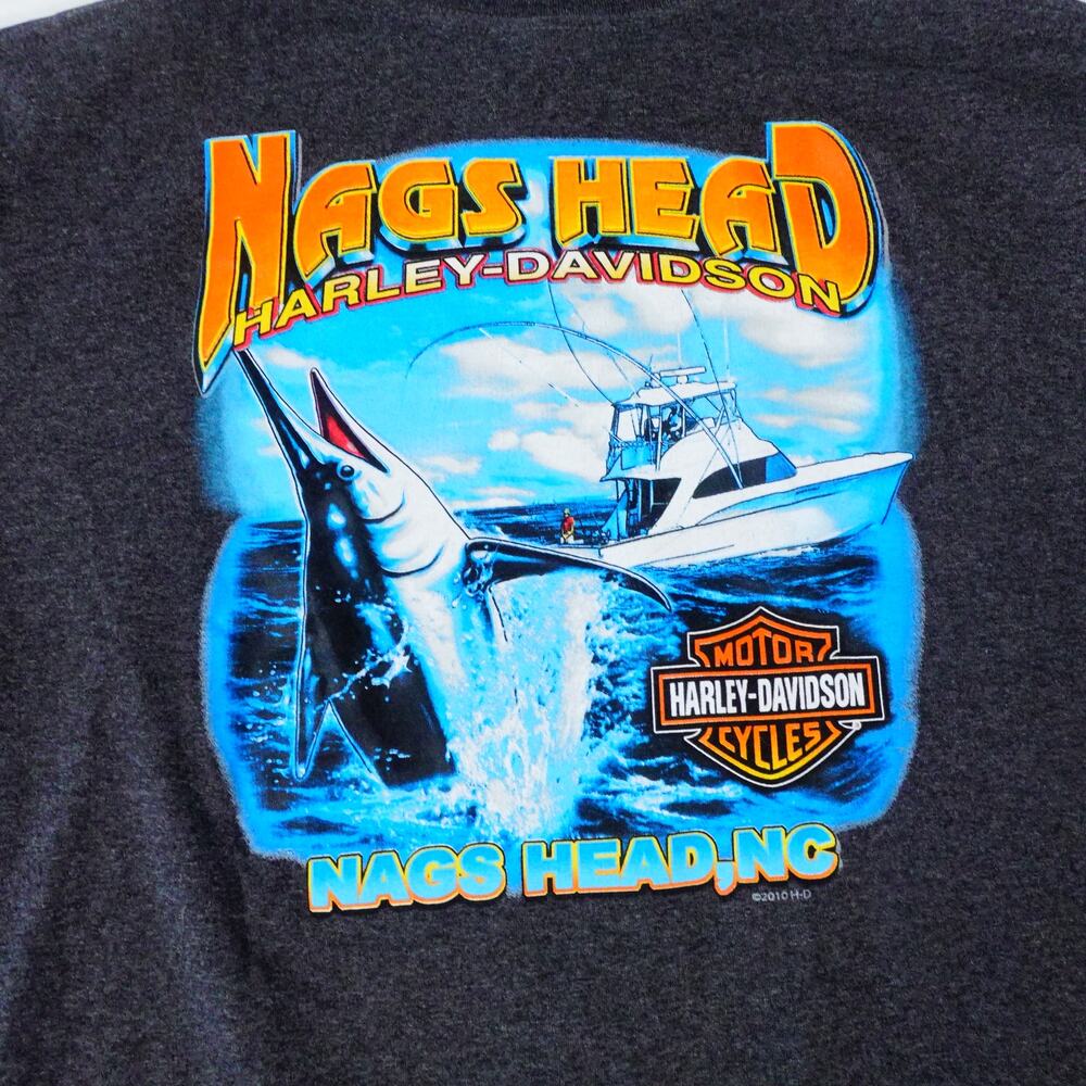 Harley Davidson Nags Head NC Marlin Fishing Boat Graphic Gray T Shirt Men's XL